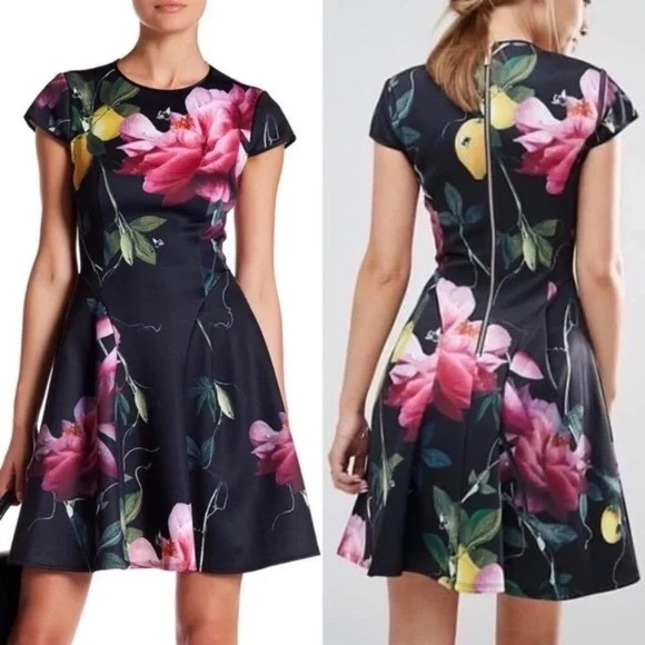 Ted Baker Allisia Skater Dress Citrus Bloom Black Floral Lemon - Picture 1 of 6